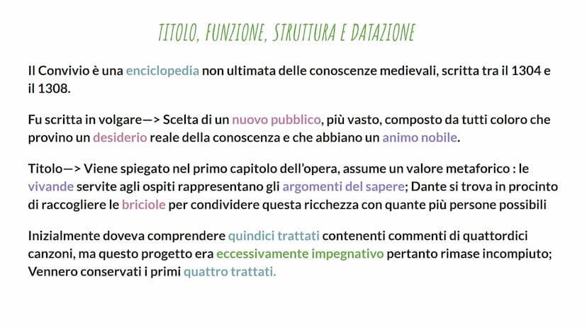 Il Convivio
Dante Alighieri TITOLO, FUNZIONE, STRUTTURA E DATAZIONE
Il Convivio è una enciclopedia non ultimata delle conoscenze medievali, 