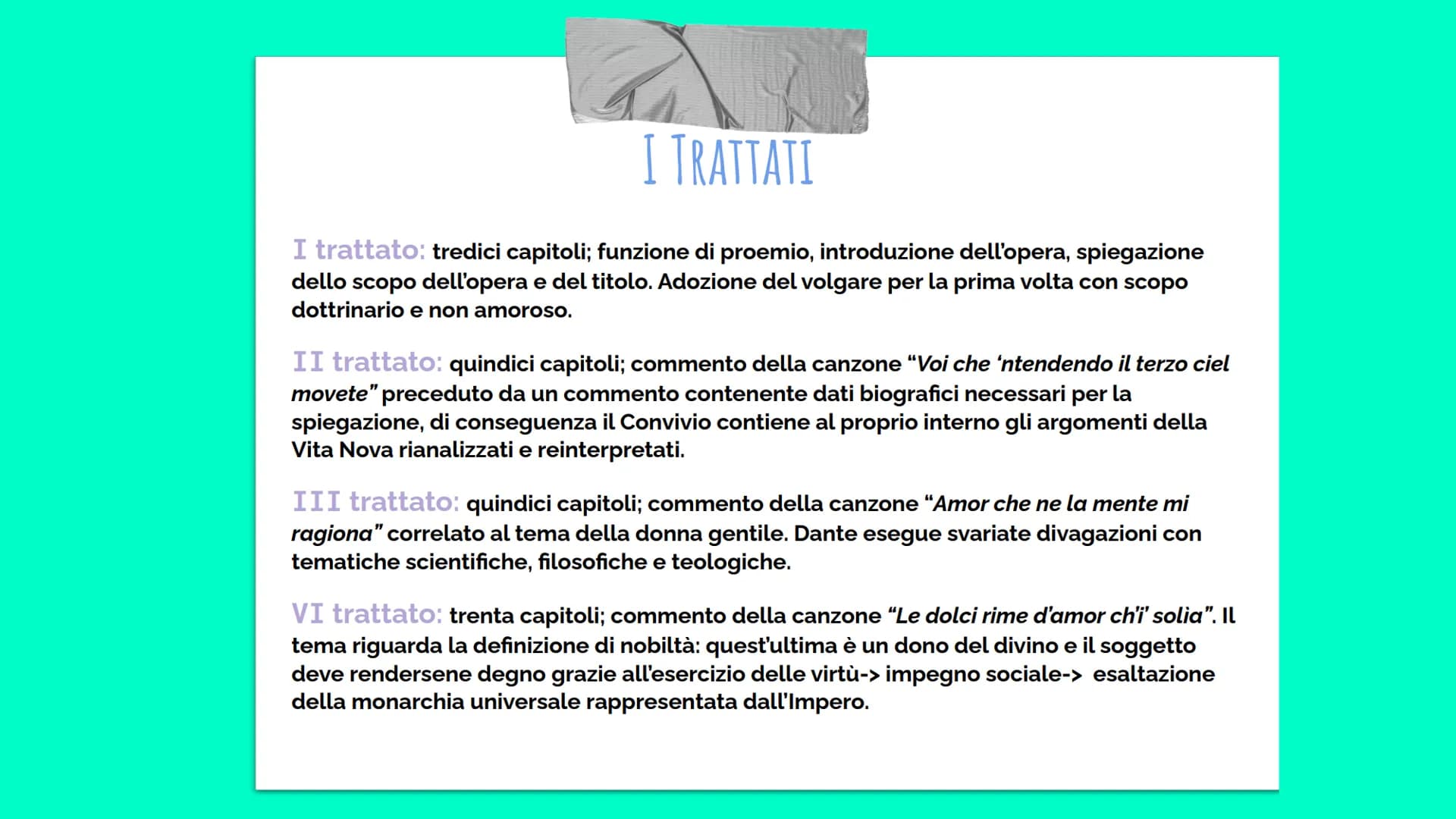 Il Convivio
Dante Alighieri TITOLO, FUNZIONE, STRUTTURA E DATAZIONE
Il Convivio è una enciclopedia non ultimata delle conoscenze medievali, 