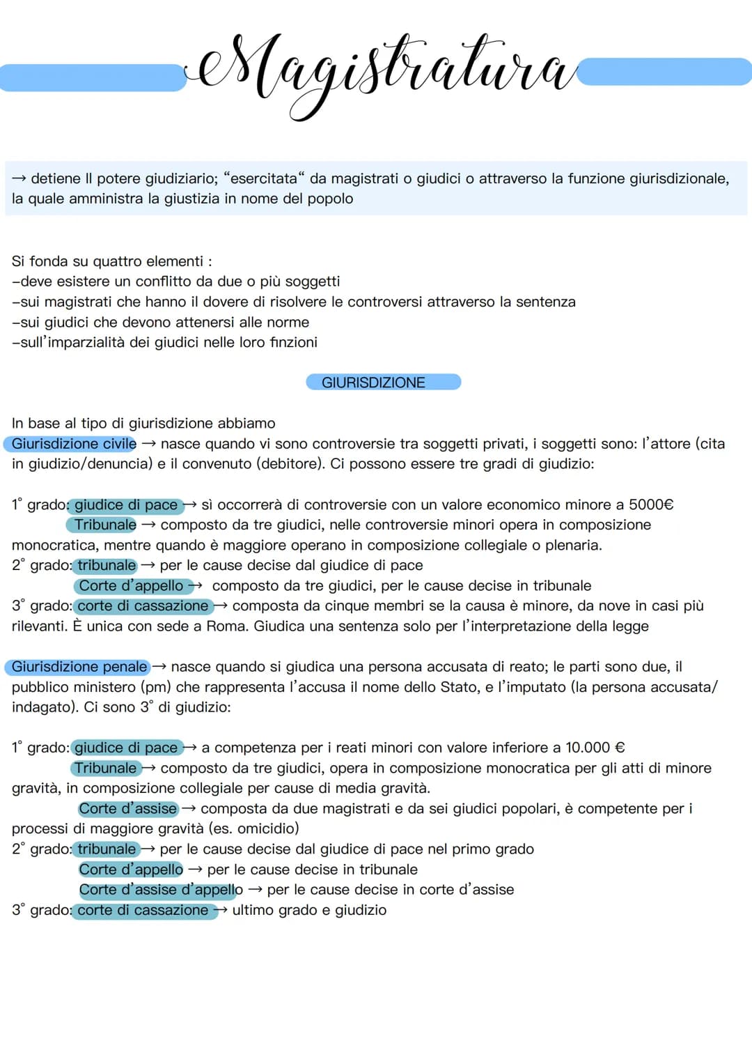 · Magistratura
→ detiene Il potere giudiziario; "esercitata" da magistrati o giudici o attraverso la funzione giurisdizionale,
la quale ammi