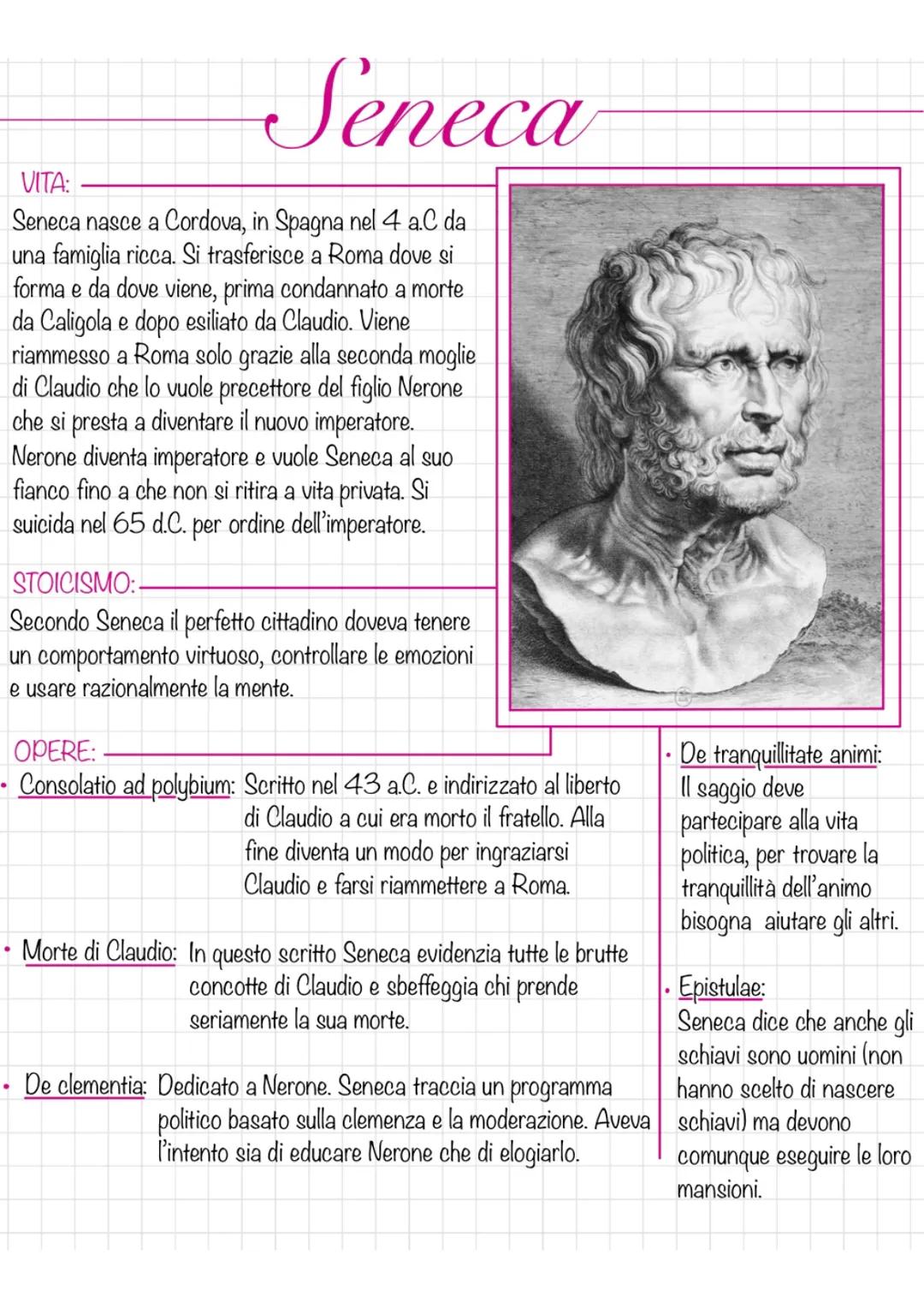Seneca
VITA:
Seneca nasce a Cordova, in Spagna nel 4 a.C da
una famiglia ricca. Si trasferisce a Roma dove si
forma e da dove viene, prima c