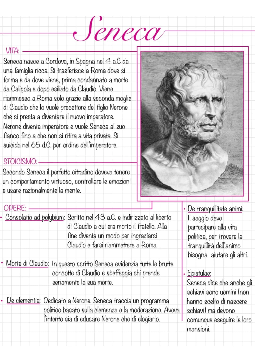 Seneca
VITA:
Seneca nasce a Cordova, in Spagna nel 4 a.C da
una famiglia ricca. Si trasferisce a Roma dove si
forma e da dove viene, prima c