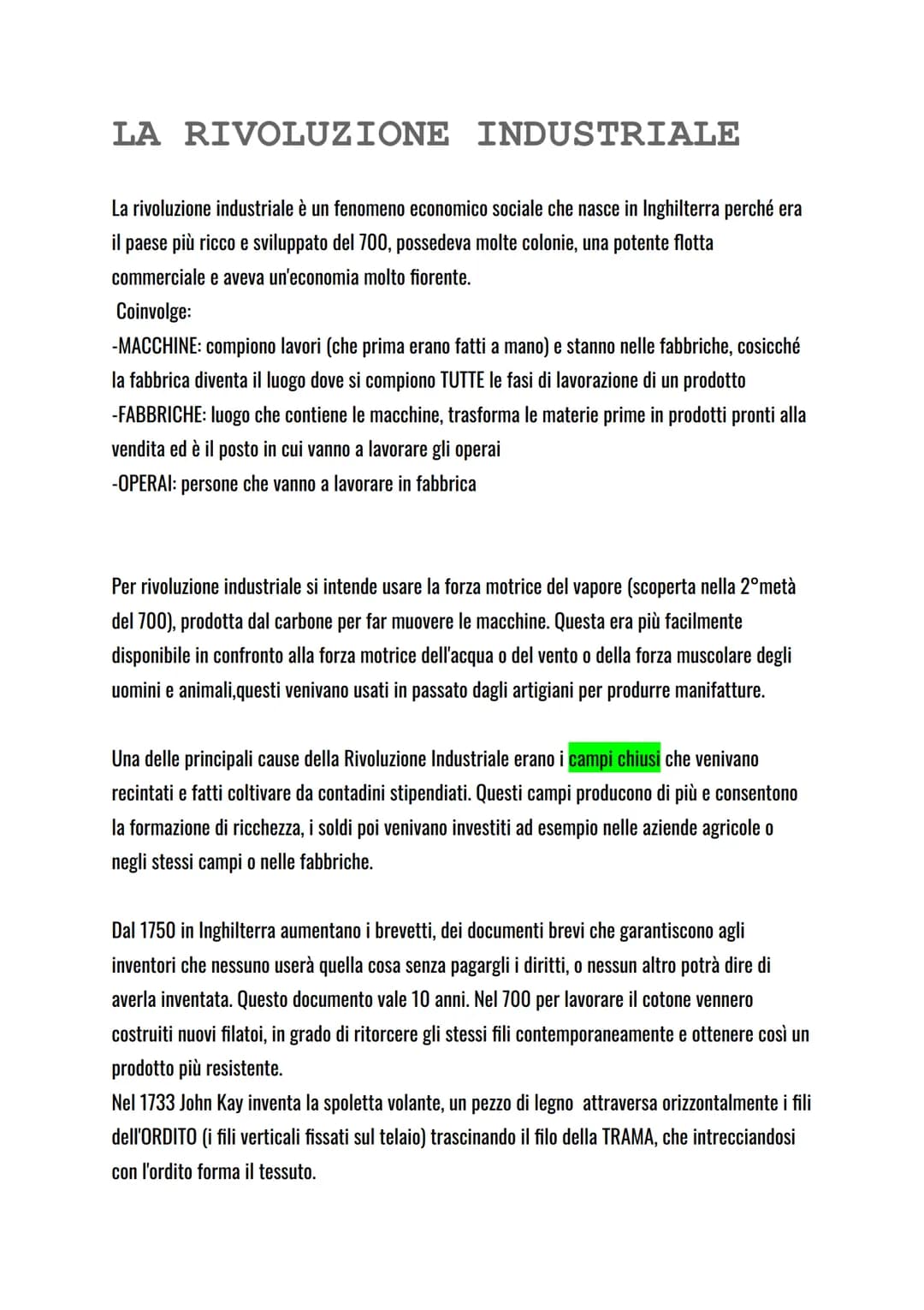 LA RIVOLUZIONE INDUSTRIALE
La rivoluzione industriale è un fenomeno economico sociale che nasce in Inghilterra perché era
il paese più ricco