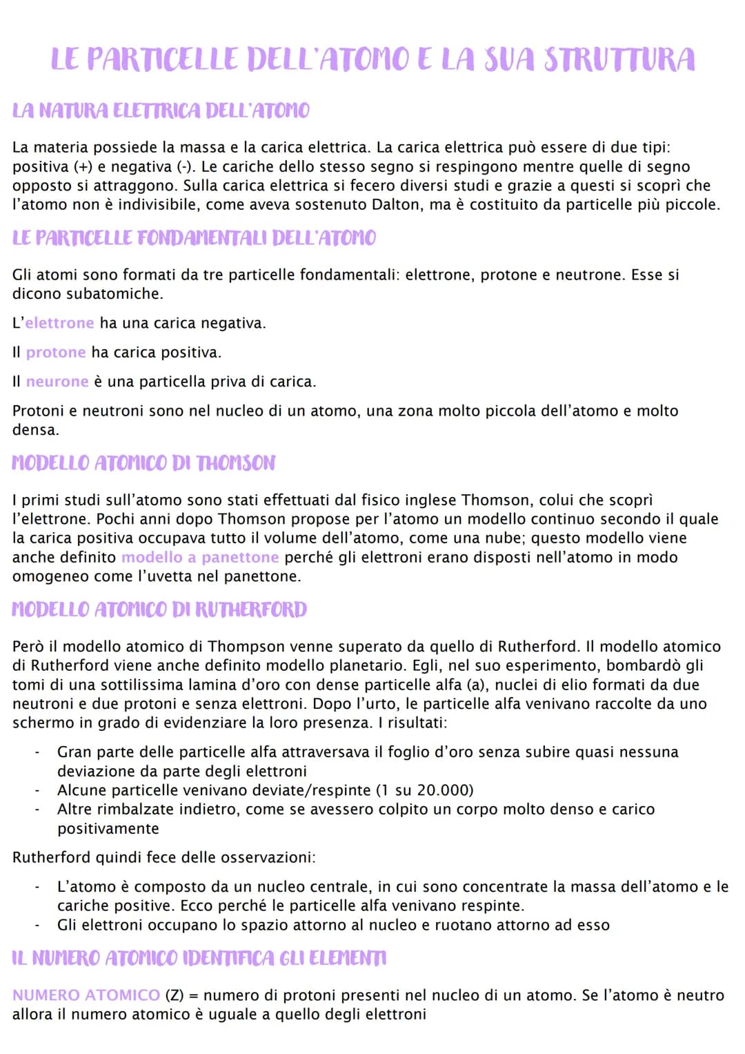 LE PARTICELLE DELL'ATOMO E LA SUA STRUTTURA
LA NATURA ELETTRICA DELL'ATOMO
La materia possiede la massa e la carica elettrica. La carica ele