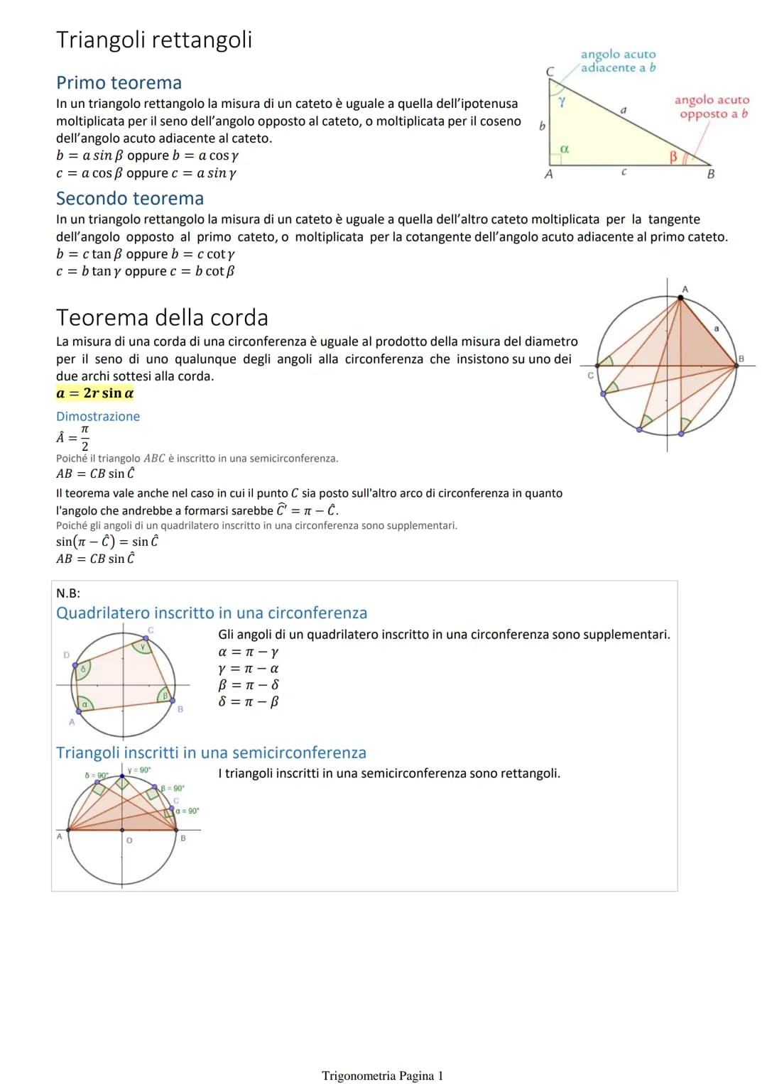 Triangoli rettangoli
Primo teorema
In un triangolo rettangolo la misura di un cateto è uguale a quella dell'ipotenusa
moltiplicata per il se