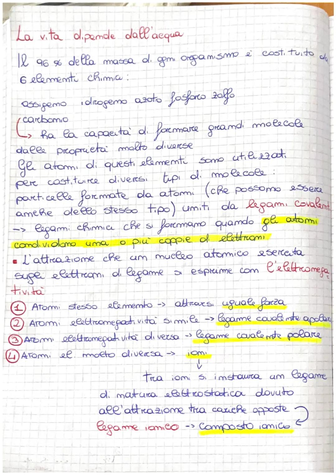La vita dipende dall'acqua
Il 96% della massa di gemi organismo è
6 elementi chimia:
assigemo idrogemo azoto fosforo zaffo
carbonio
(can
cos