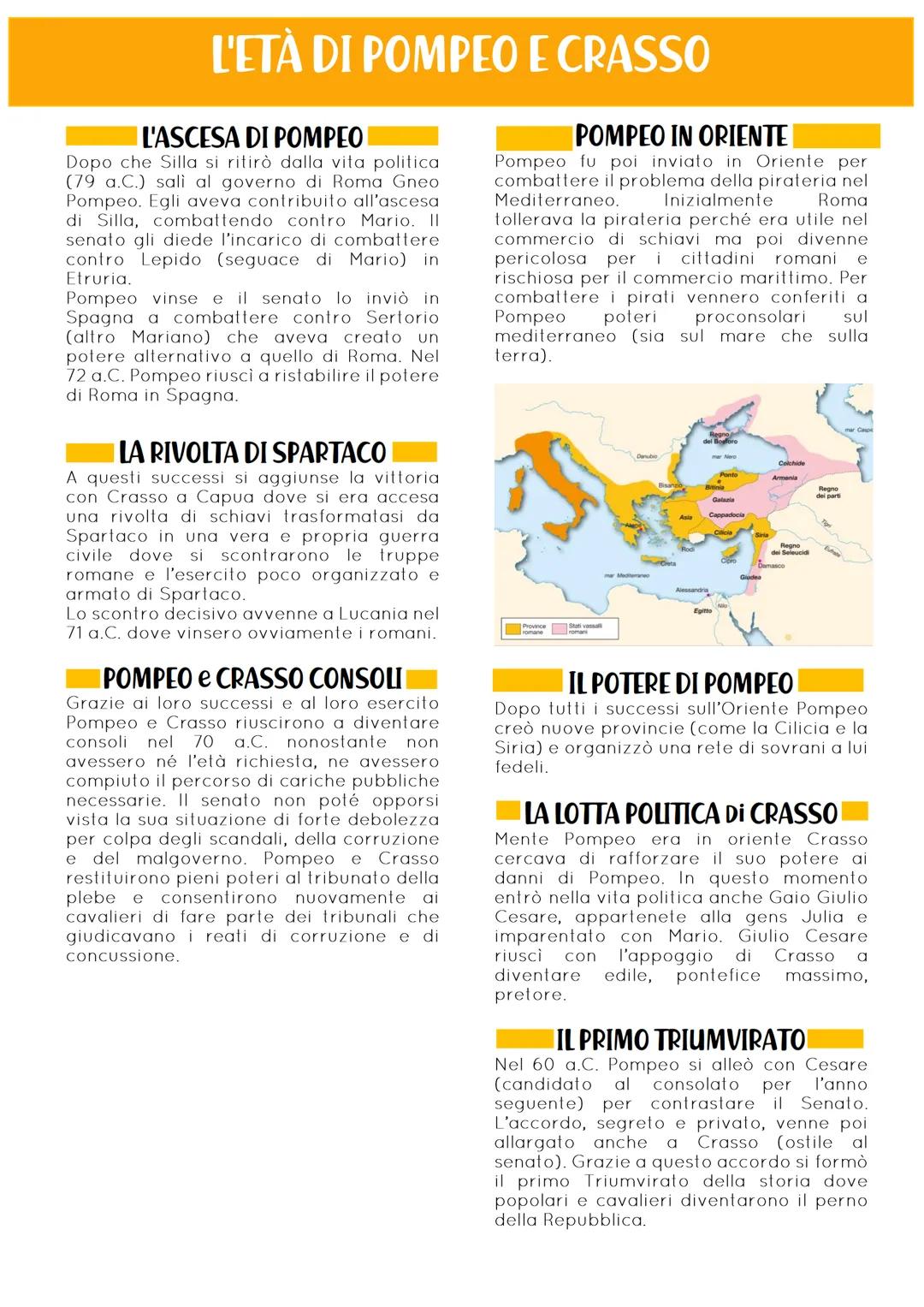 L'ETÀ DI POMPEO E CRASSO
L'ASCESA DI POMPEO
Dopo che Silla si ritirò dalla vita politica
(79 a.C.) sali al governo di Roma Gneo
Pompeo. Egli