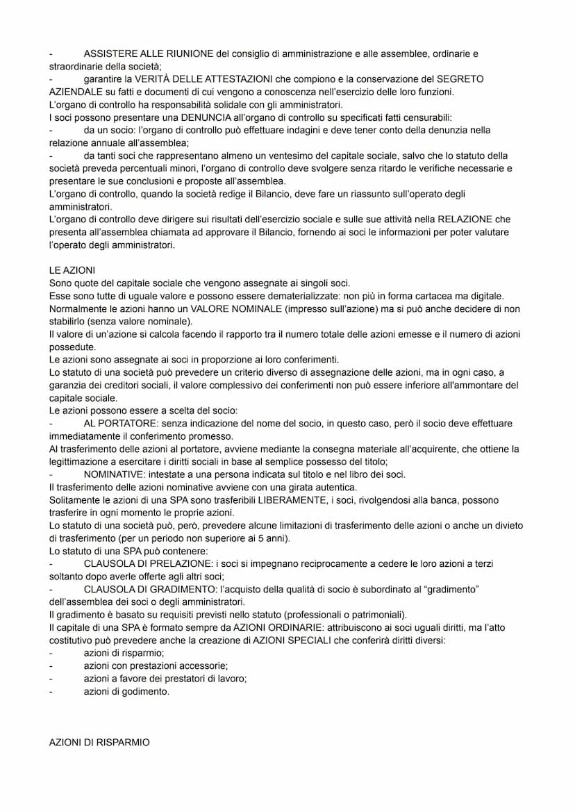 SOCIETÀ PER AZIONI
È una società nella quale per le obbligazioni sociali risponde soltanto la società con il suo patrimonio
(AUTONOMIA PATRI
