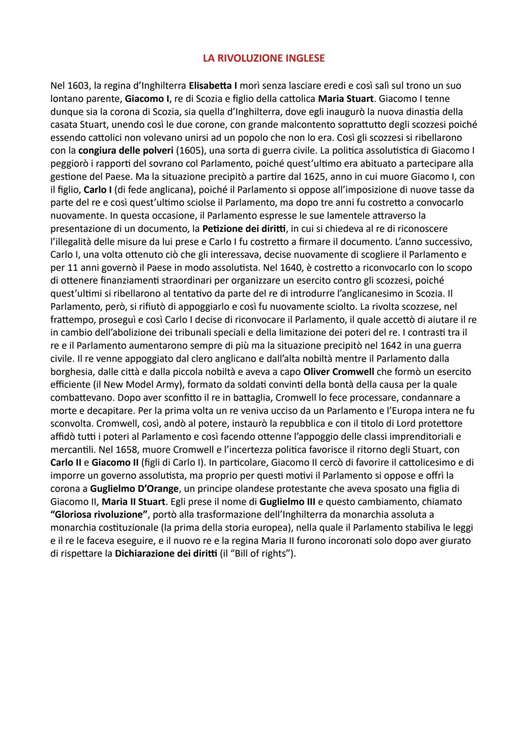LA RIVOLUZIONE INGLESE
Nel 1603, la regina d'Inghilterra Elisabetta I morì senza lasciare eredi e così salì sul trono un suo
lontano parente