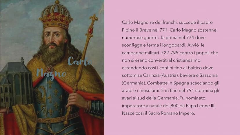 M
DIGL
Il feudalesimo
1 1
(0) Magno
Cart
64
JJJJ
Carlo Magno re dei franchi, succede il padre
Pipino il Breve nel 771. Carlo Magno sostenne
