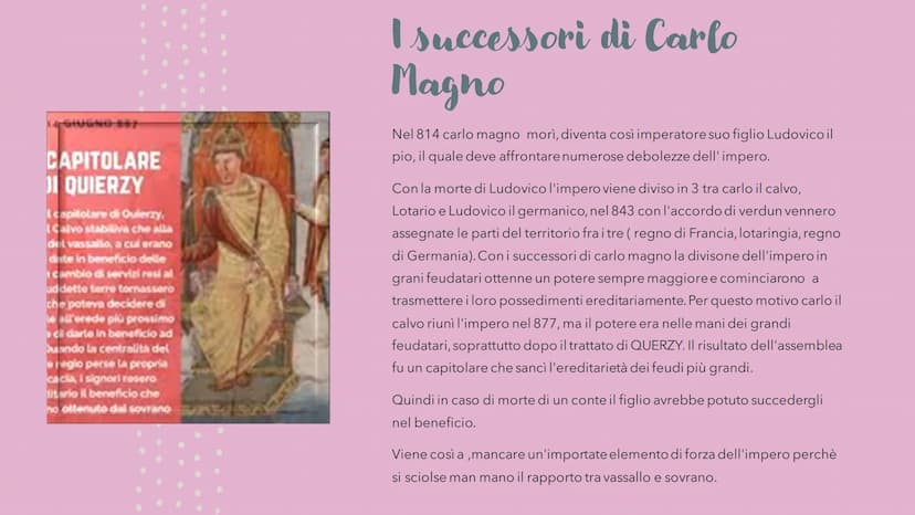 M
DIGL
Il feudalesimo
1 1
(0) Magno
Cart
64
JJJJ
Carlo Magno re dei franchi, succede il padre
Pipino il Breve nel 771. Carlo Magno sostenne
