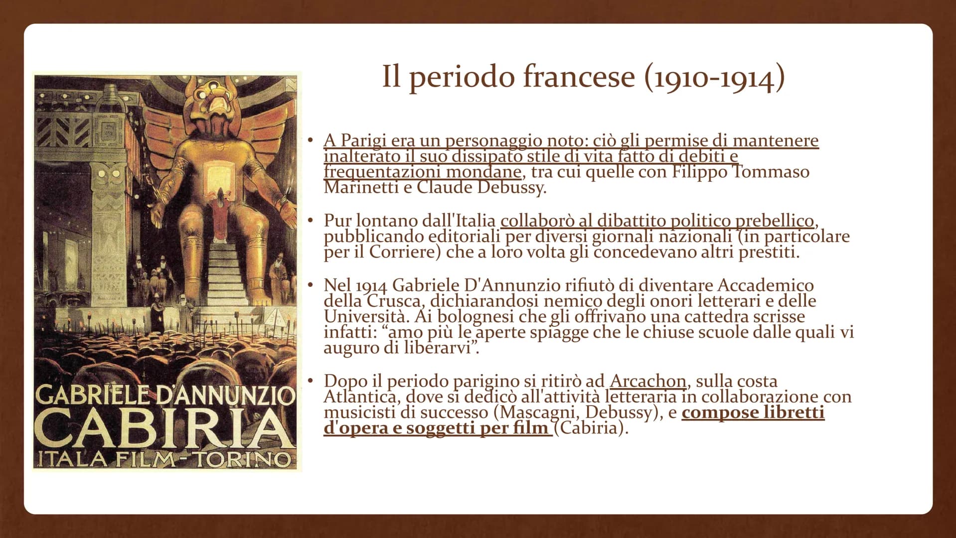 Gabriele D'Annunzio
(1863-1938) • Gabriele D'Annunzio nasce a Pescara nel 1863 e
muore a Gardone Riviera il 1º marzo 1938.
È stato uno scrit