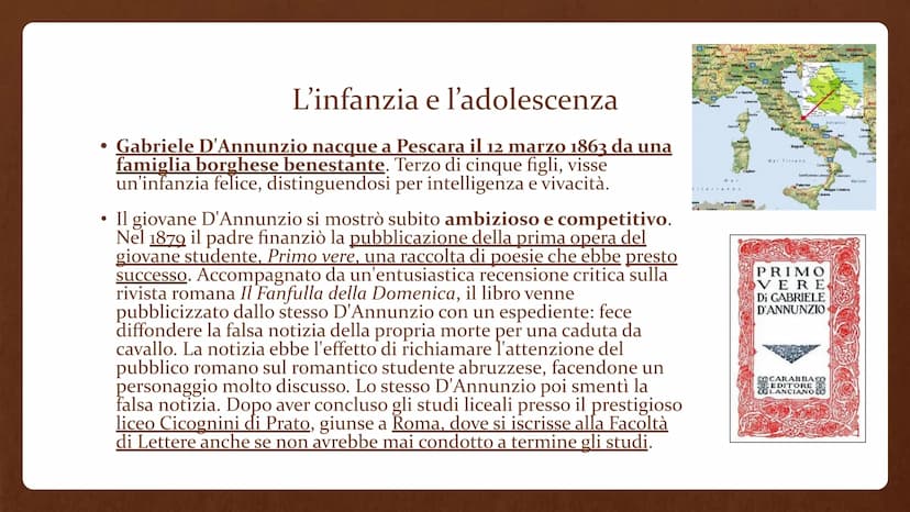Gabriele D'Annunzio
(1863-1938) • Gabriele D'Annunzio nasce a Pescara nel 1863 e
muore a Gardone Riviera il 1º marzo 1938.
È stato uno scrit