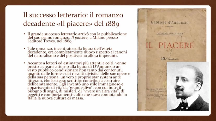 Gabriele D'Annunzio
(1863-1938) • Gabriele D'Annunzio nasce a Pescara nel 1863 e
muore a Gardone Riviera il 1º marzo 1938.
È stato uno scrit