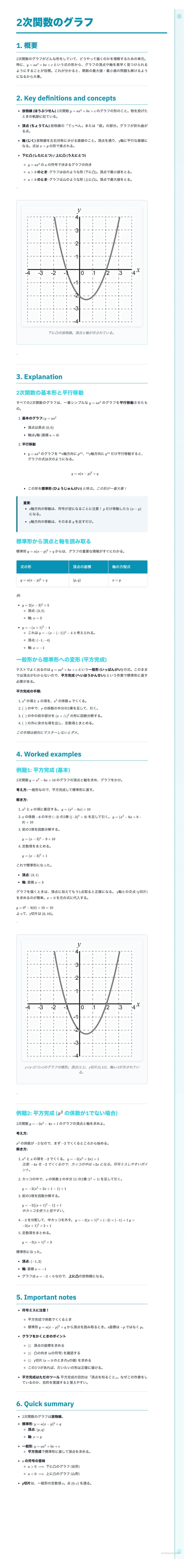 # 2次関数のグラフ

## 1. 概要

*   2次関数 $y = ax^2 + bx + c$ のグラフは放物線となる。
*   放物線のグラフの書き方、グラフから読み取れること、グラフの平行移動について学ぶ。

## 2. Key definitions and conc