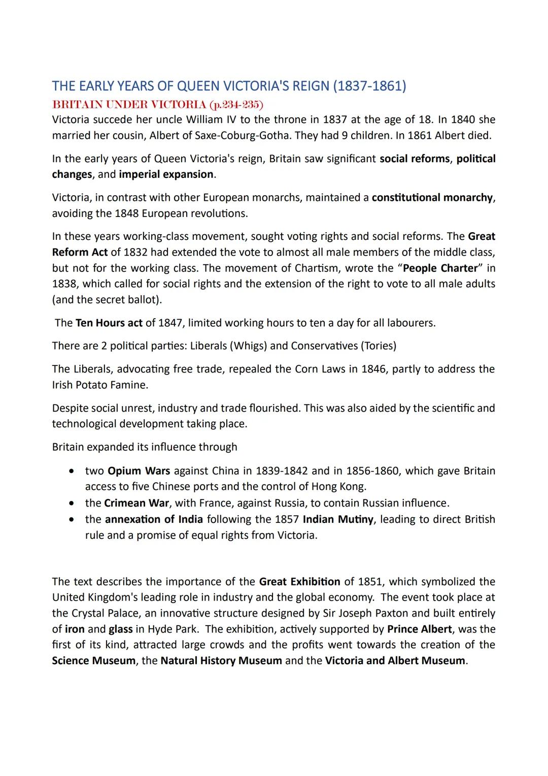 THE EARLY YEARS OF QUEEN VICTORIA'S REIGN (1837-1861)
BRITAIN UNDER VICTORIA (p.234-235)
Victoria succede her uncle William IV to the throne