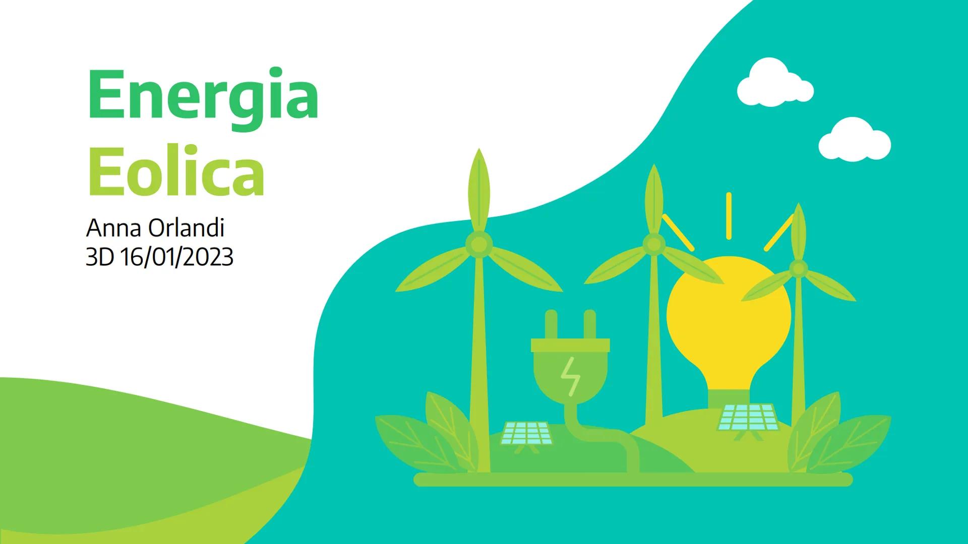 # Energia
## Eolica
Anna Orlandi
3D 16/01/2023 Il termine eolico deriva da “eolo”, il dio
dei venti greco. Nell'antichità il termine
era leg