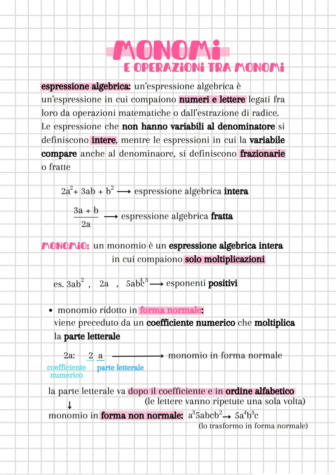 MONOMI
E OPERAZIONI TRA MONOMI
espressione algebrica: un'espressione algebrica è
un'espressione in cui compaiono numeri e lettere legati fra