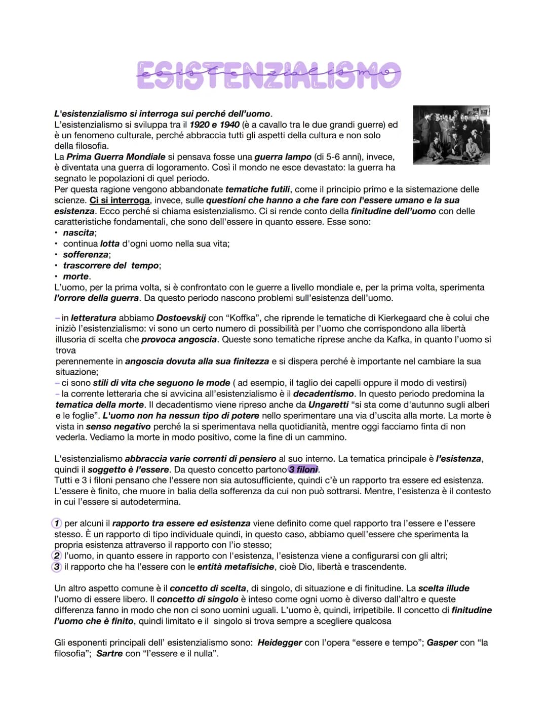 
<p>L'esistenzialismo si interroga sui perché dell'uomo. Si sviluppa tra il 1920 e il 1940, ed è un fenomeno culturale che abbraccia tutti g