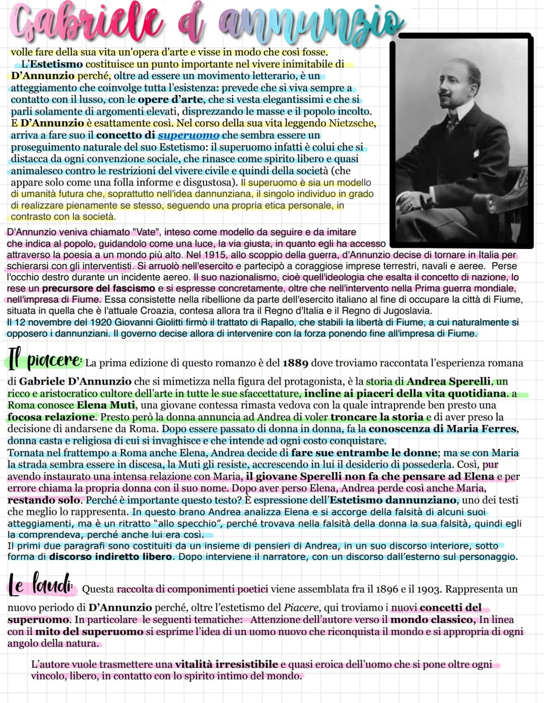 Gabriele & annunzio
volle fare della sua vita un'opera d'arte e visse in modo che così fosse.
L'Estetismo costituisce un punto importante ne