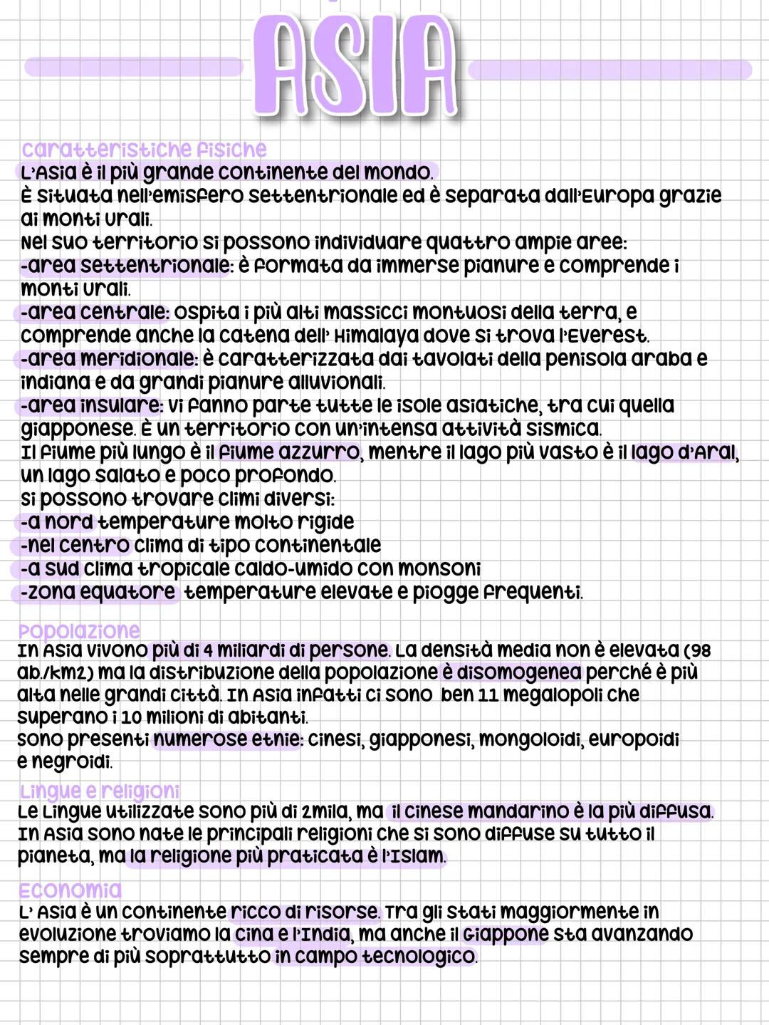 # ASIA

caratteristiche fisiche
L'Asia è il più grande continente del mondo.
È situata nell'emisfero settentrionale ed è separata dall'Europ