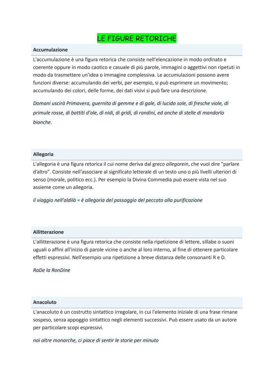 LE FIGURE RETORICHE
Accumulazione
L'accumulazione è una figura retorica che consiste nell'elencazione in modo ordinato e
coerente oppure in 