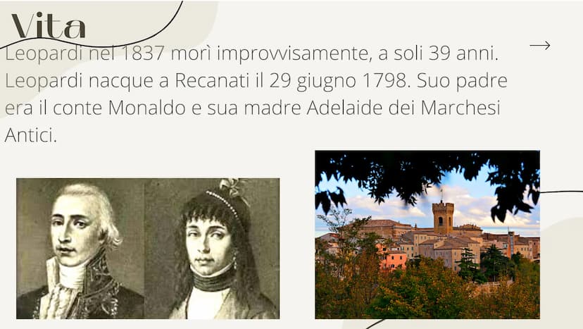 Str
Giacomo
Leopardi
↓ Vita
Leopardi nel 1837 morì
improvvisamente, a soli 39 anni.
Leopardi nacque a Recanati il 29 giugno 1798. Suo padre
