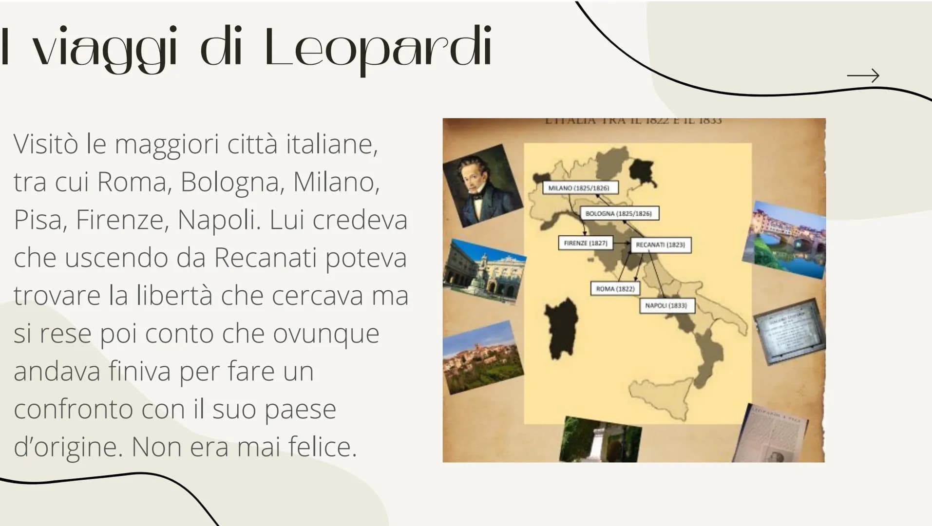 Str
Giacomo
Leopardi
↓ Vita
Leopardi nel 1837 morì
improvvisamente, a soli 39 anni.
Leopardi nacque a Recanati il 29 giugno 1798. Suo padre
