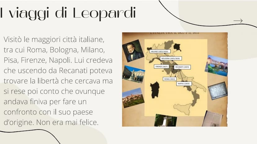 Str
Giacomo
Leopardi
↓ Vita
Leopardi nel 1837 morì
improvvisamente, a soli 39 anni.
Leopardi nacque a Recanati il 29 giugno 1798. Suo padre

