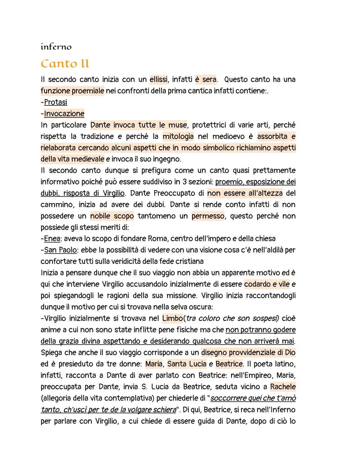 inferno
Canto ll
Il secondo canto inizia con un ellissi, infatti è sera. Questo canto ha una
funzione proemiale nei confronti della prima ca