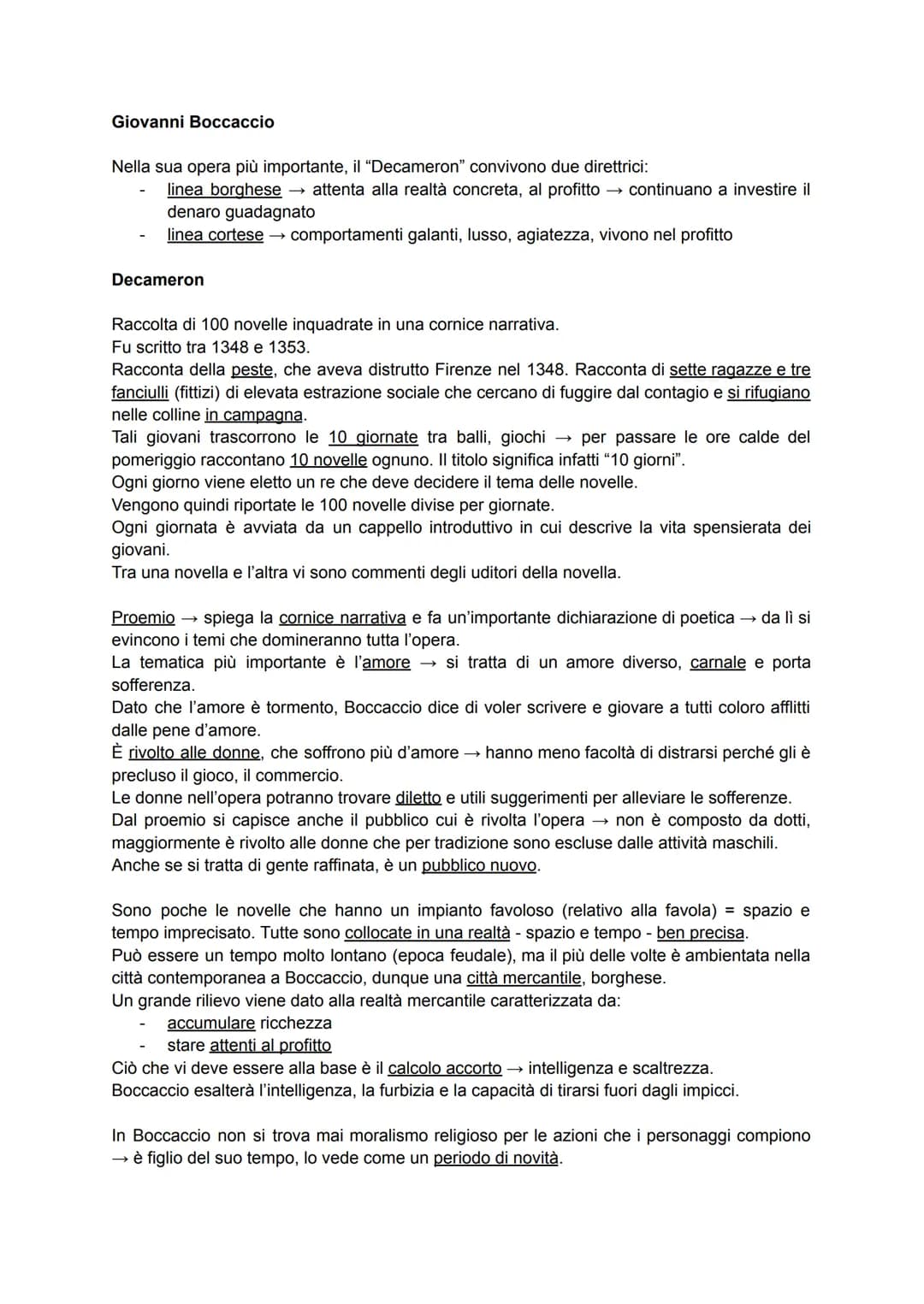 Giovanni Boccaccio
Nella sua opera più importante, il "Decameron" convivono due direttrici:
linea borghese → attenta alla realtà concreta, a