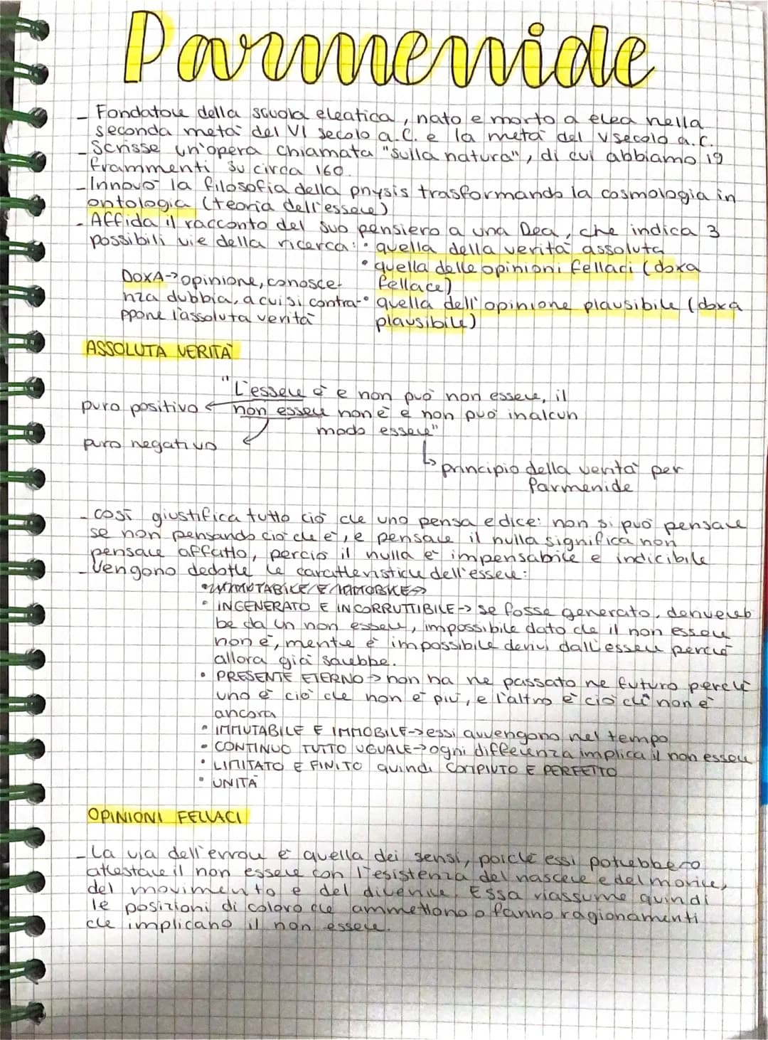 B
Parmenide
Fondatore della scuola eleatica
seconda metà del VI secolo a. C. e
Scrisse un'opera chiamata "sulla natura", di cui abbiamo 19
f