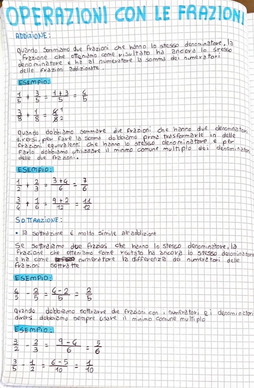 MOLTIPLICAZIONE:
il prodotto di due frazioni é una frazione che ha come numerat ore 1
Prodotto dei numeratori e ha per denominatore il prodo