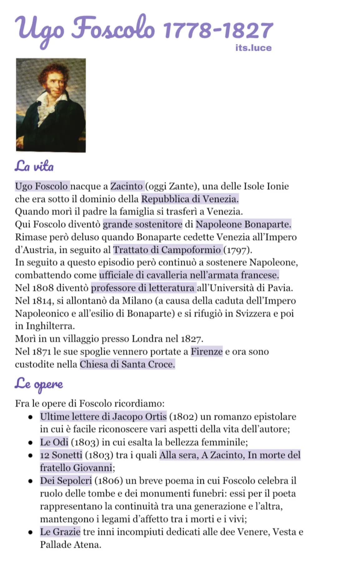 Ugo Foscolo 1778-1827
its.luce
La vita
Ugo Foscolo nacque a Zacinto (oggi Zante), una delle Isole Ionie
che era sotto il dominio della Repub