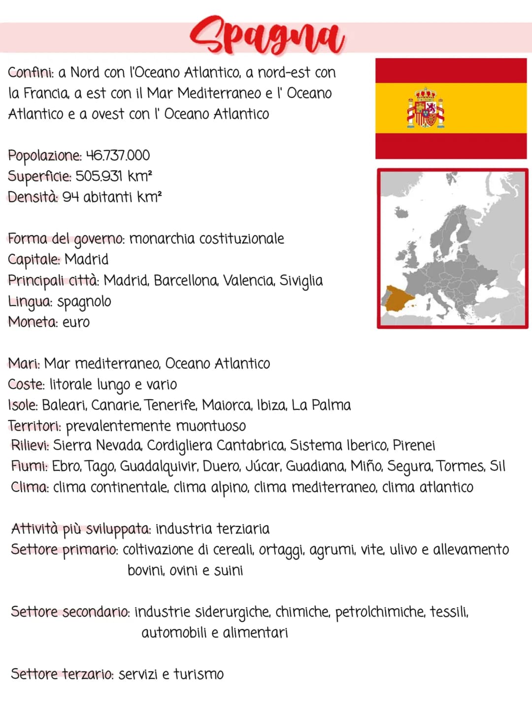 Spagna
Confini: a Nord con l'Oceano Atlantico, a nord-est con
la Francia, a est con il Mar Mediterraneo e l' Oceano
Atlantico e a ovest con 