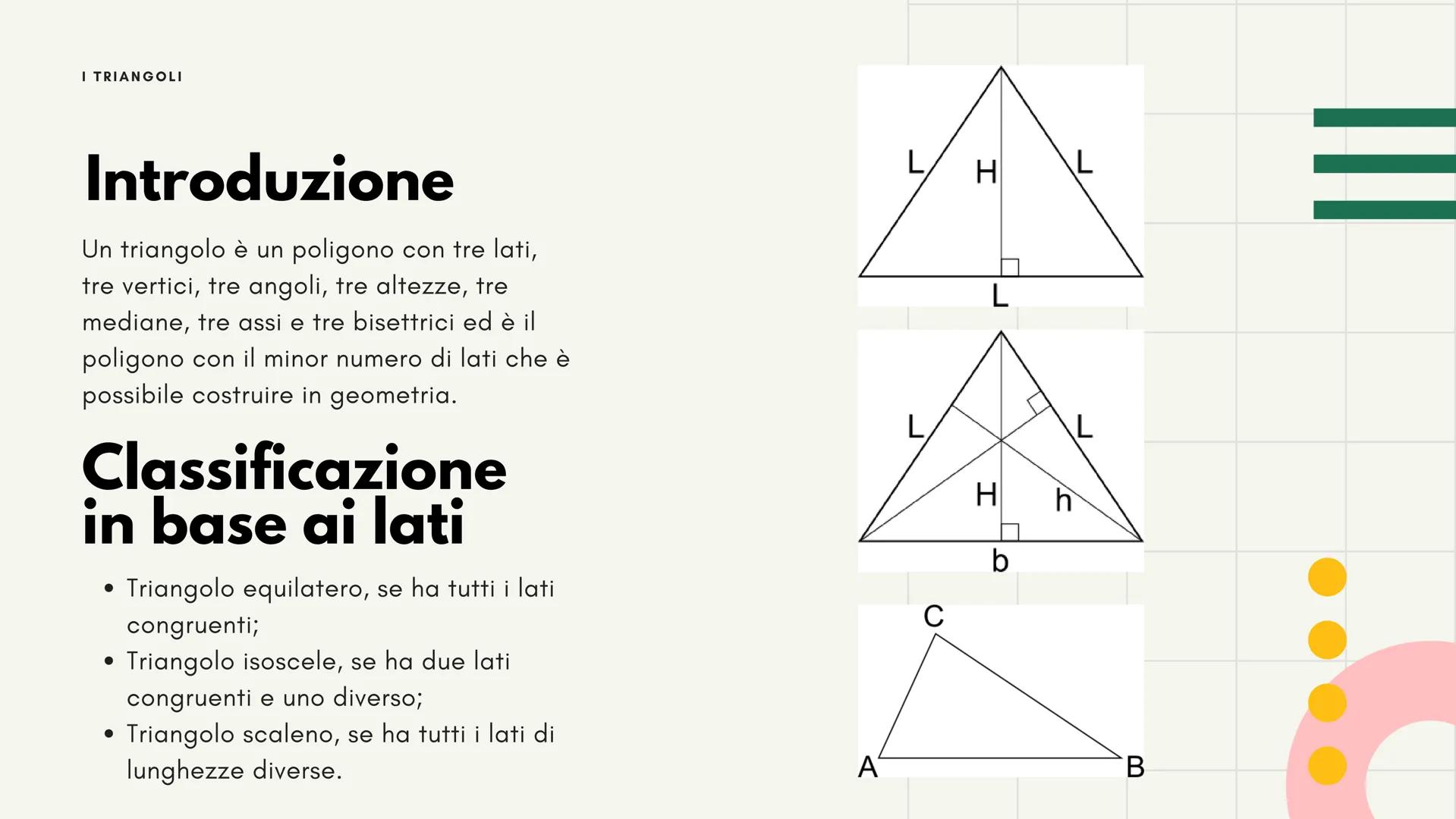 11
I triangoli
Luce Ruffato I TRIANGOLI
Introduzione
Un triangolo è un poligono con tre lati,
tre vertici, tre angoli, tre altezze, tre
medi