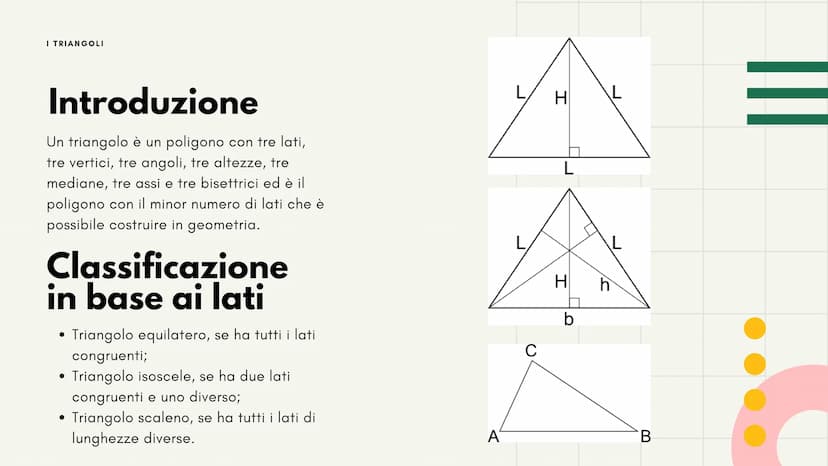 11
I triangoli
Luce Ruffato I TRIANGOLI
Introduzione
Un triangolo è un poligono con tre lati,
tre vertici, tre angoli, tre altezze, tre
medi