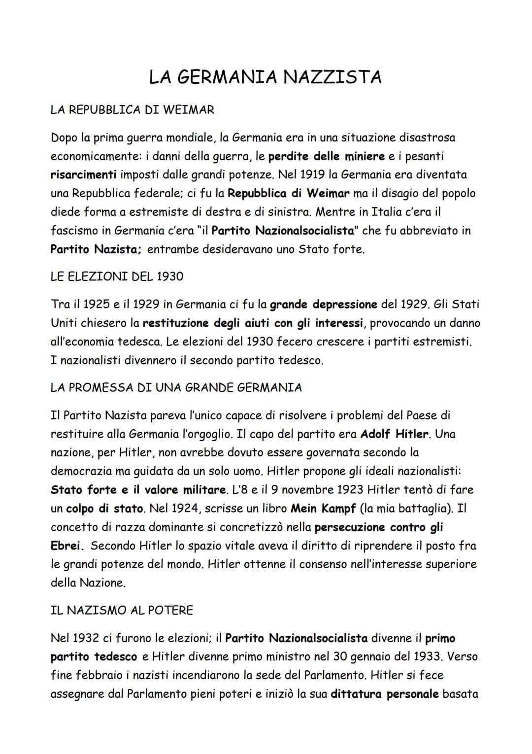 LA GERMANIA NAZZISTA
LA REPUBBLICA DI WEIMAR
Dopo la prima guerra mondiale, la Germania era in una situazione disastrosa
economicamente: i d