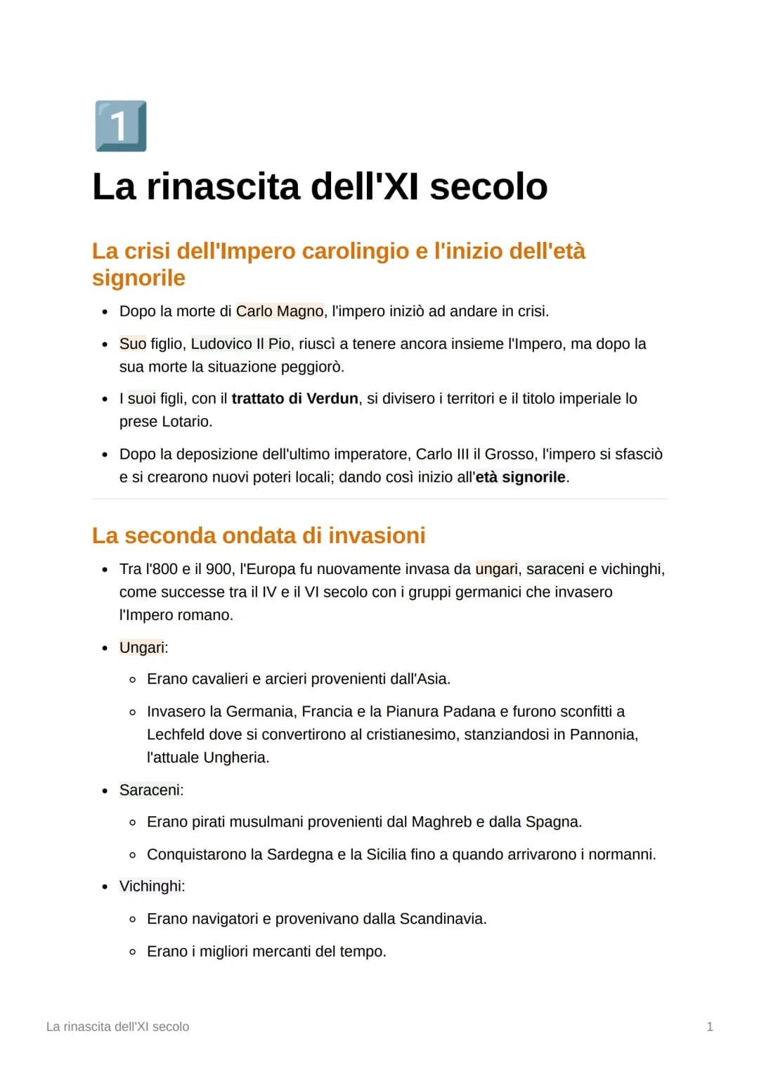 1
La rinascita dell'XI secolo
La crisi dell'Impero carolingio e l'inizio dell'età
signorile
Dopo la morte di Carlo Magno, l'impero iniziò ad