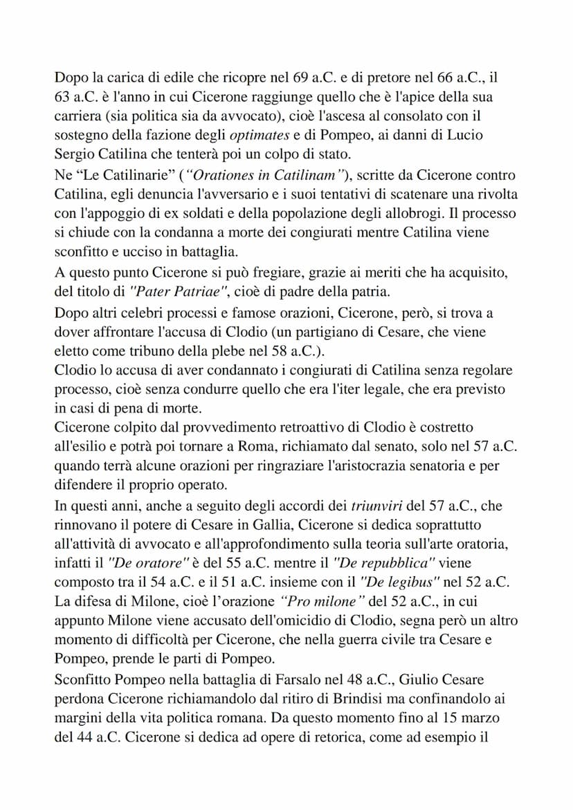 Cicerone
La vita
Marco Tullio Cicerone nasce ad Arpino, in provincia di Frosinone,
nel 106 a.C., e proviene da una famiglia dell'ordine eque