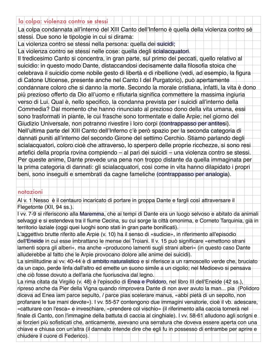 13 CANTO
riassunto
I due poeti si addentrano nel secondo girone del settimo cerchio, in un bosco di piante
secche, contorte e spinose, abita