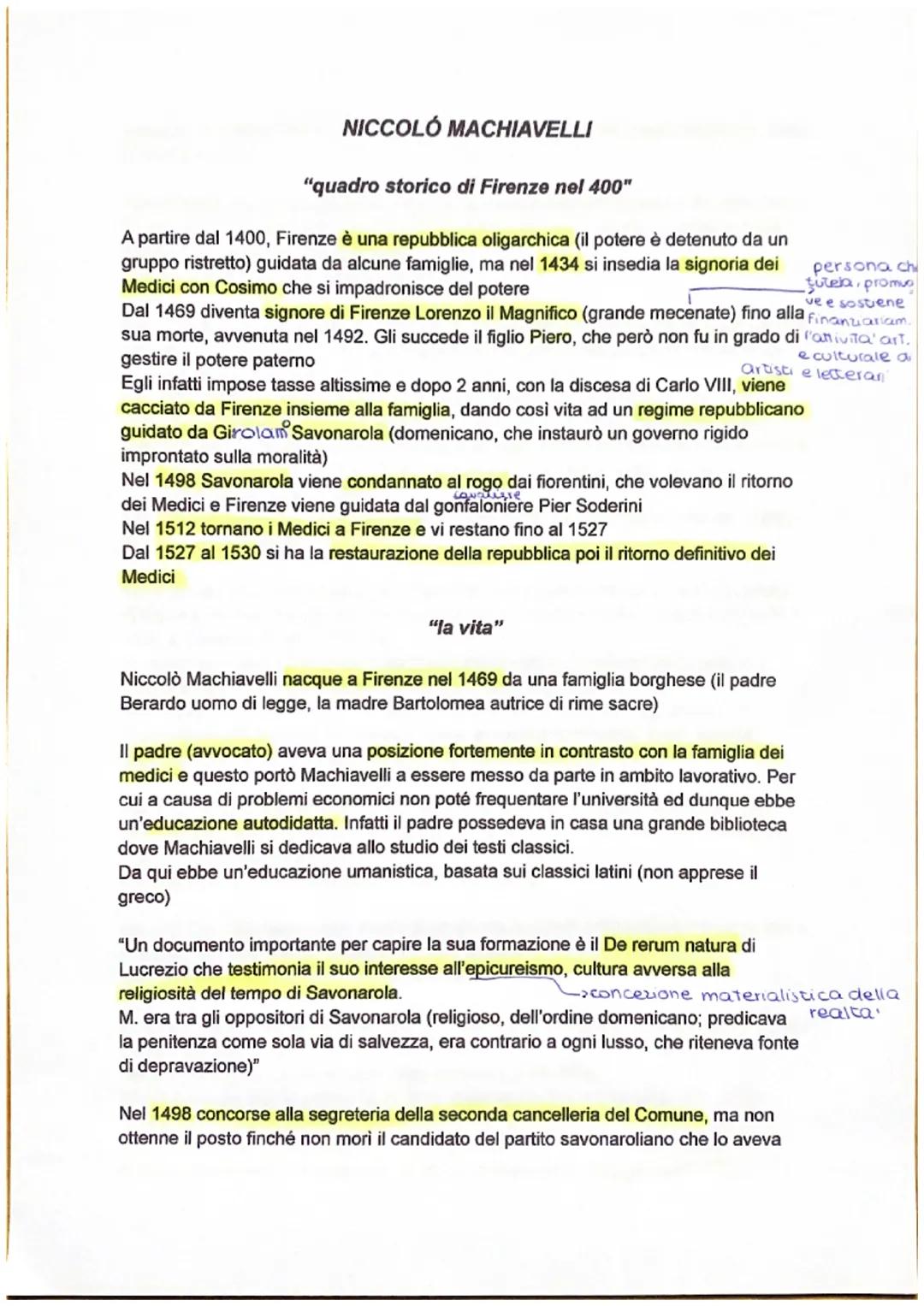 # NICCOLÓ MACHIAVELLI

"quadro storico di Firenze nel 400"

A partire dal 1400, Firenze è una repubblica oligarchica (il potere è detenuto d