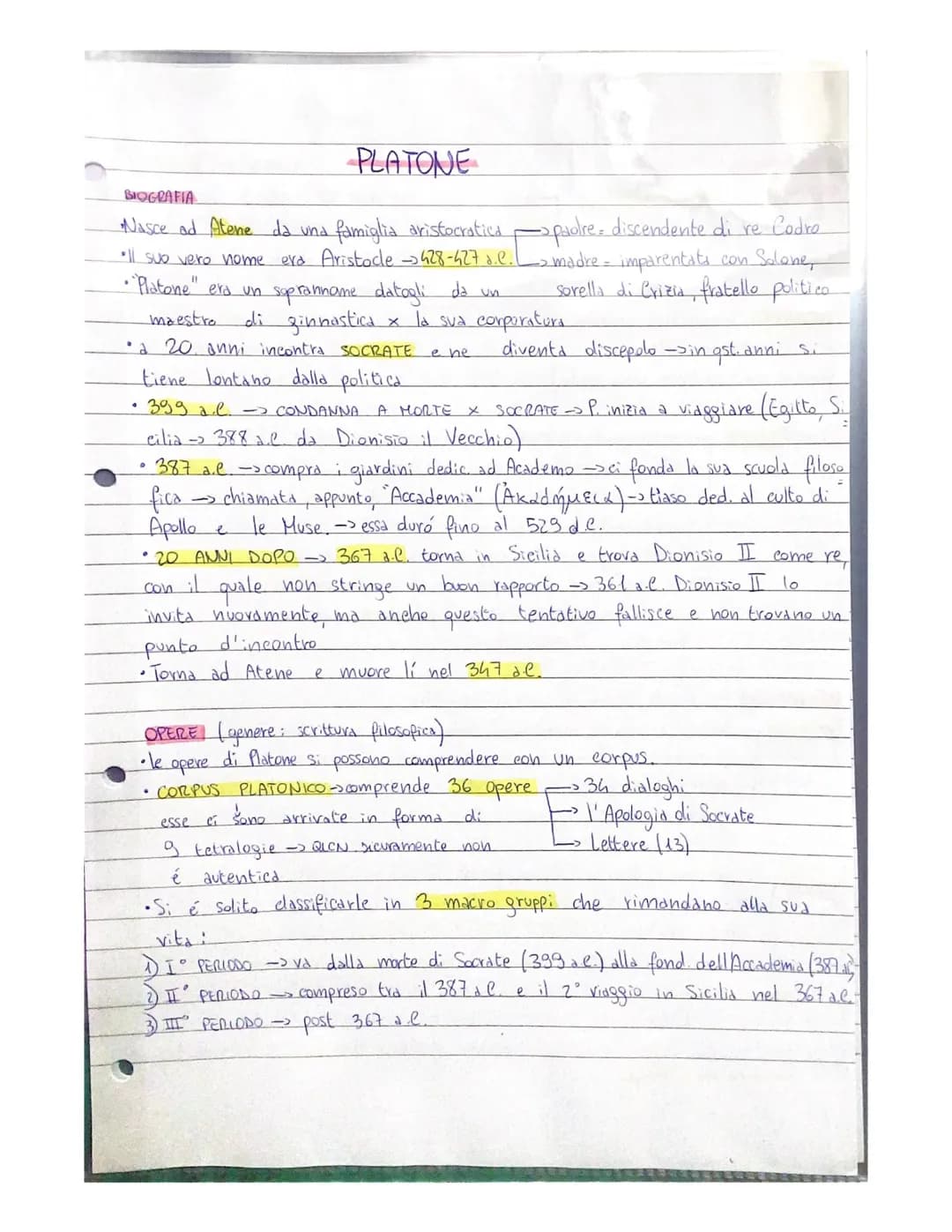 PLATONE
BIOGRAFIA
Nasce ad Atene da una famiglia aristocratica -paolre- discendente di re Codro
'll suo vero nome era Aristocle 428-427 d.e.