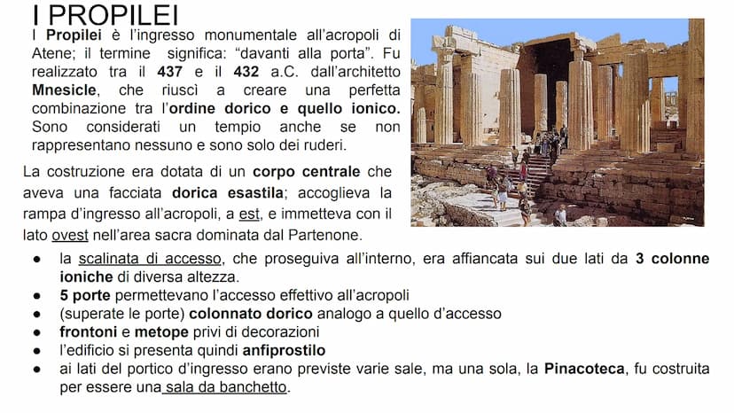 
<h2 id="ipropilei">I Propilei</h2>
<p>I Propilei costituiscono l'ingresso monumentale all'acropoli di Atene, realizzato tra il 437 e il 432