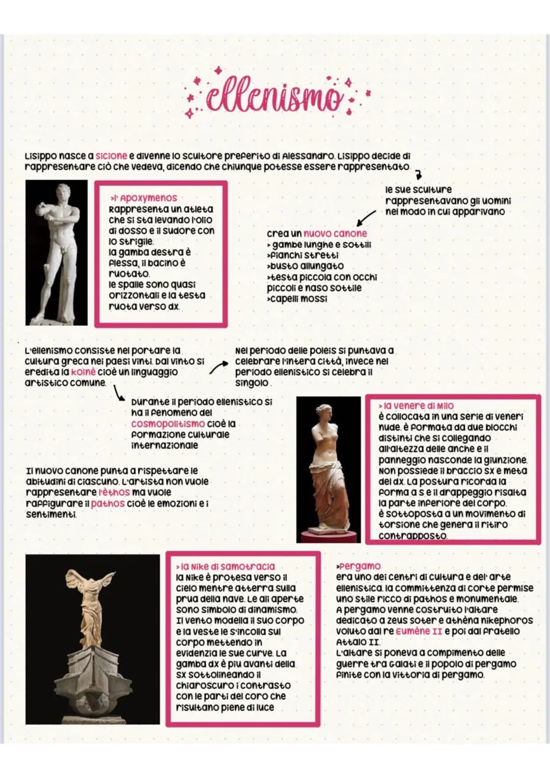 ellenismo
Lisippo nasce a sicione e divenne lo scultore preferito di Alessandro. Lisippo decide di
rappresentare ciò che vedeva, dicendo che