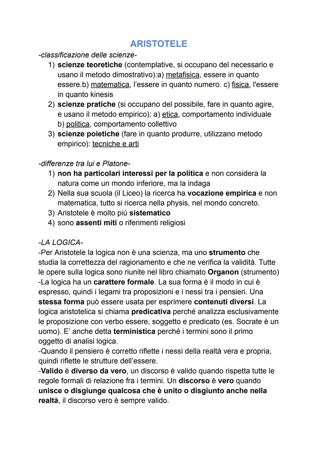 ARISTOTELE

-classificazione delle scienze-

1) scienze teoretiche (contemplative, si occupano del necessario e
usano il metodo dimostrativo