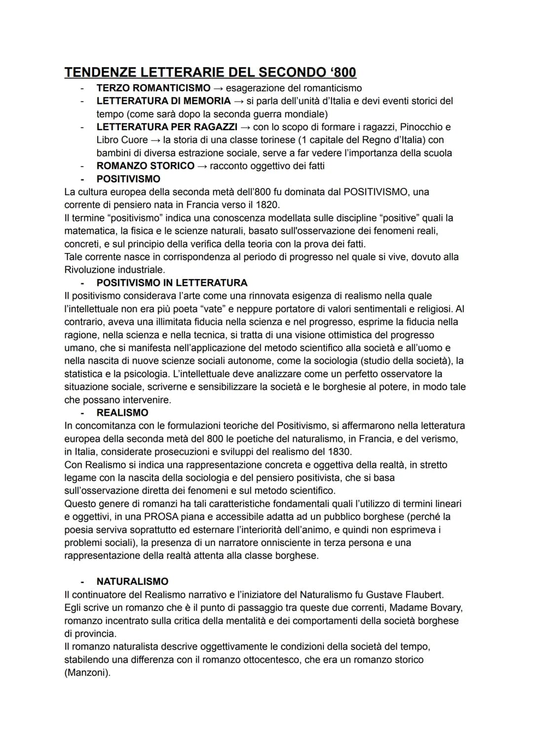 TENDENZE LETTERARIE DEL SECONDO '800
TERZO ROMANTICISMO esagerazione del romanticismo
LETTERATURA DI MEMORIA → si parla dell'unità d'Italia 