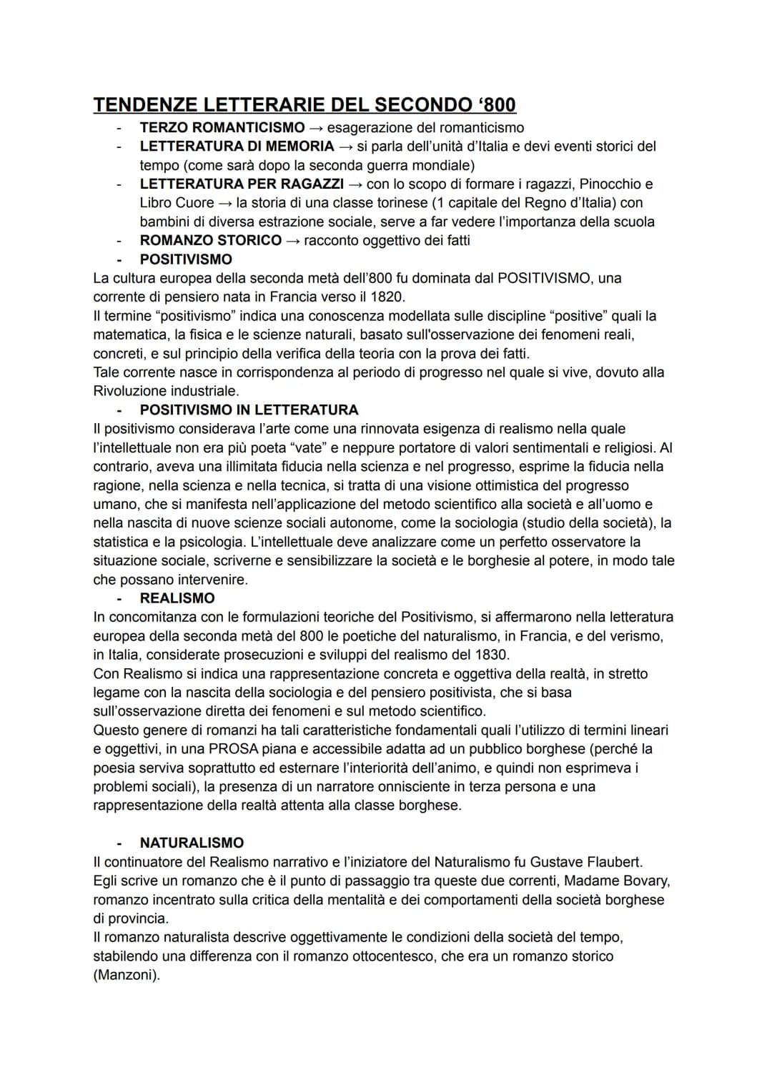 TENDENZE LETTERARIE DEL SECONDO '800
TERZO ROMANTICISMO esagerazione del romanticismo
LETTERATURA DI MEMORIA → si parla dell'unità d'Italia 