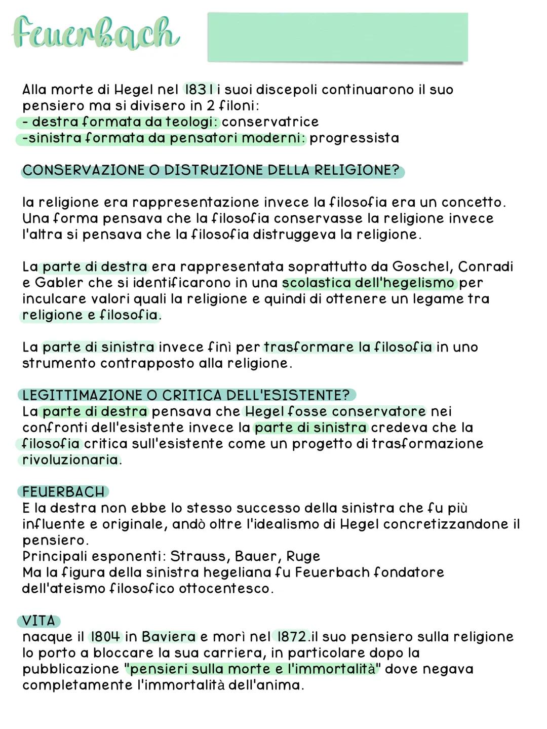 # Feuerbach

Alla morte di Hegel nel 1831 i suoi discepoli continuarono il suo
pensiero ma si divisero in 2 filoni:
- destra formata da teol