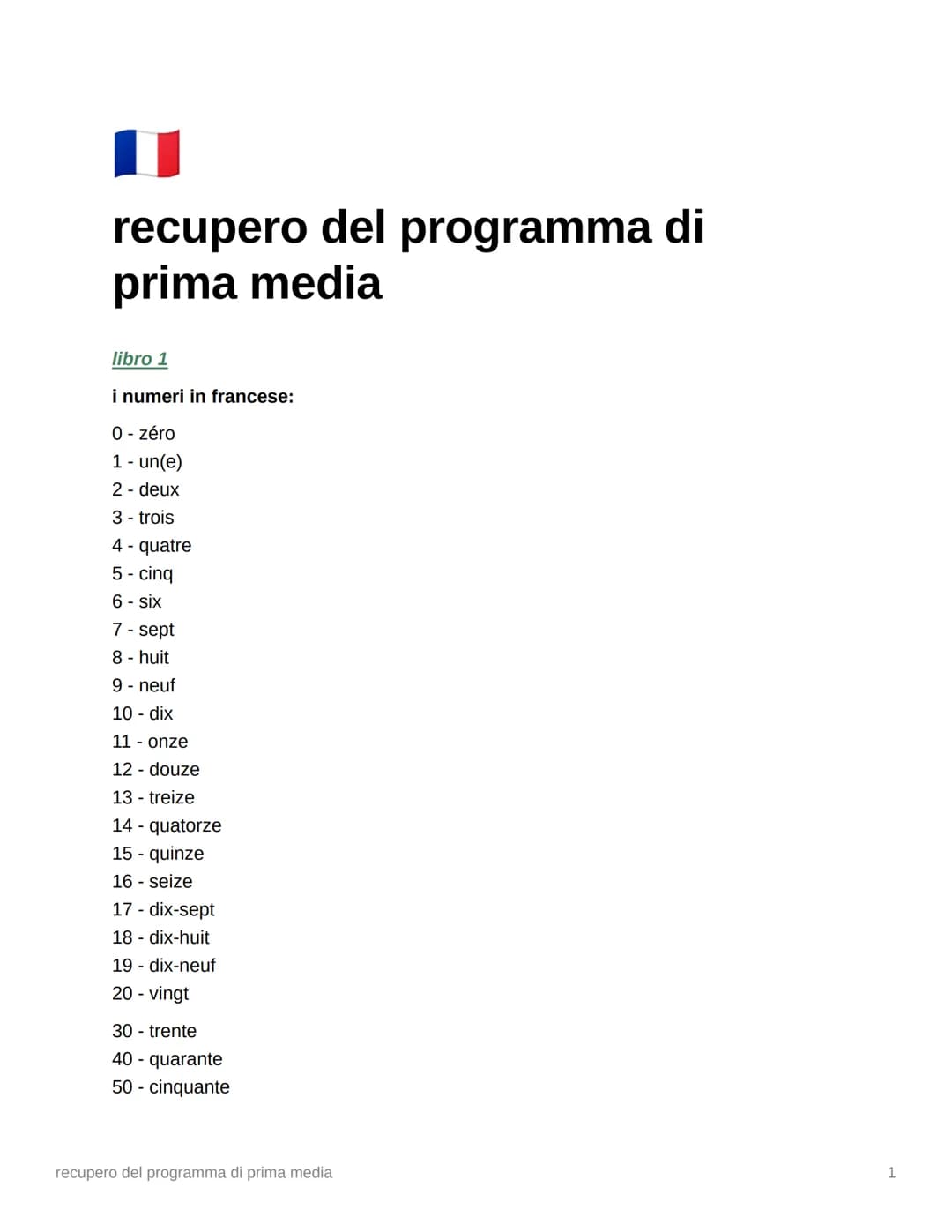 recupero del programma di
prima media
libro 1
i numeri in francese:
0 - zéro
1 - un(e)
2- deux
3 - trois
4 - quatre
5-cinq
6 - six
7 - sept
