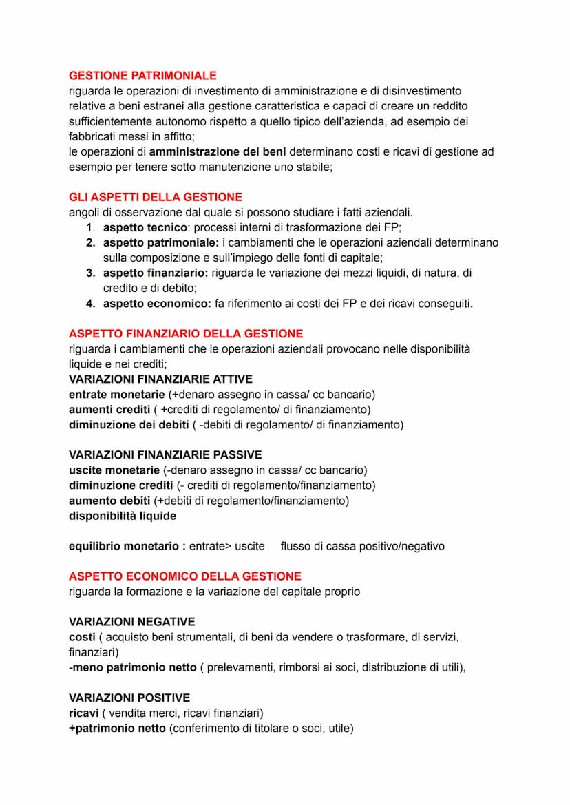 GESTIONE D'IMPRESA
aspetto patrimoniale, aspetto finanziario, aspetto economico
GESTIONE: insieme delle operazioni e decisioni fatte attuate
